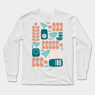 Retro Mid Century Modern Bird and Leaves in teal, light blue, peach and dark salmon Long Sleeve T-Shirt